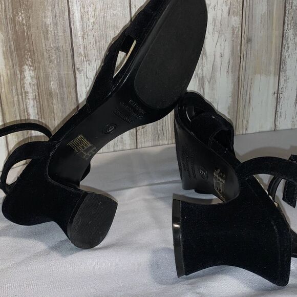 Vintage 90’s Black Velvet Square Toe Ankle Strap Chunky Heels Size 9 - Picture 15 of 16